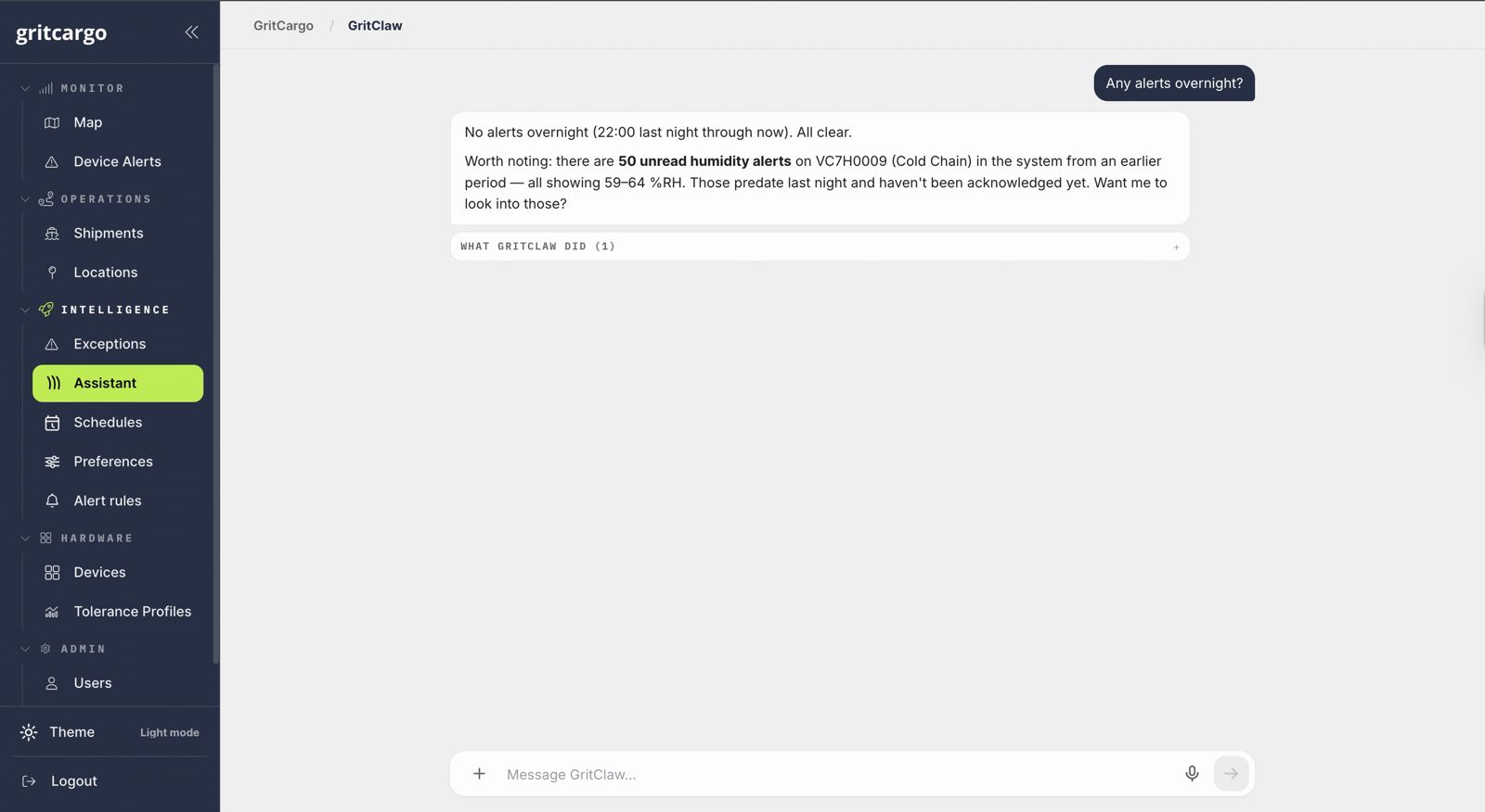 GritClaw investigating a live alert