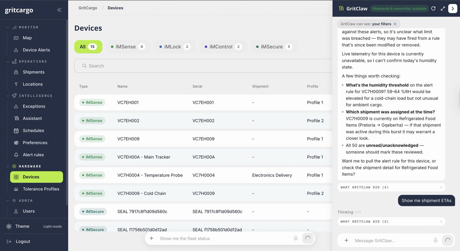 GritCargo dashboard with the GritClaw side panel