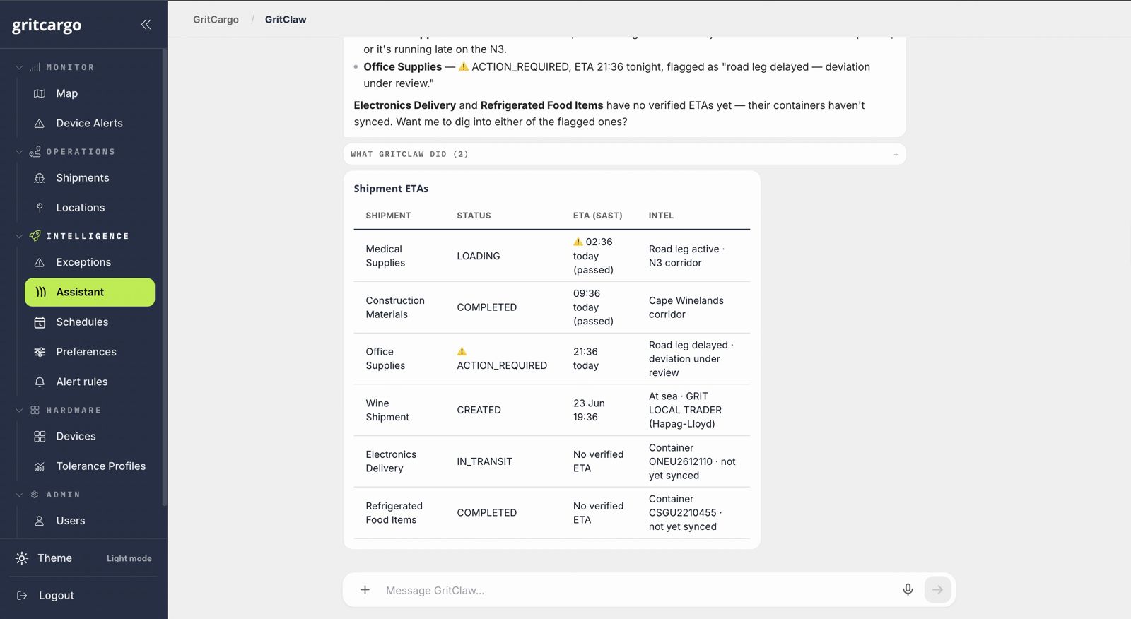 GritClaw generative shipment ETA table