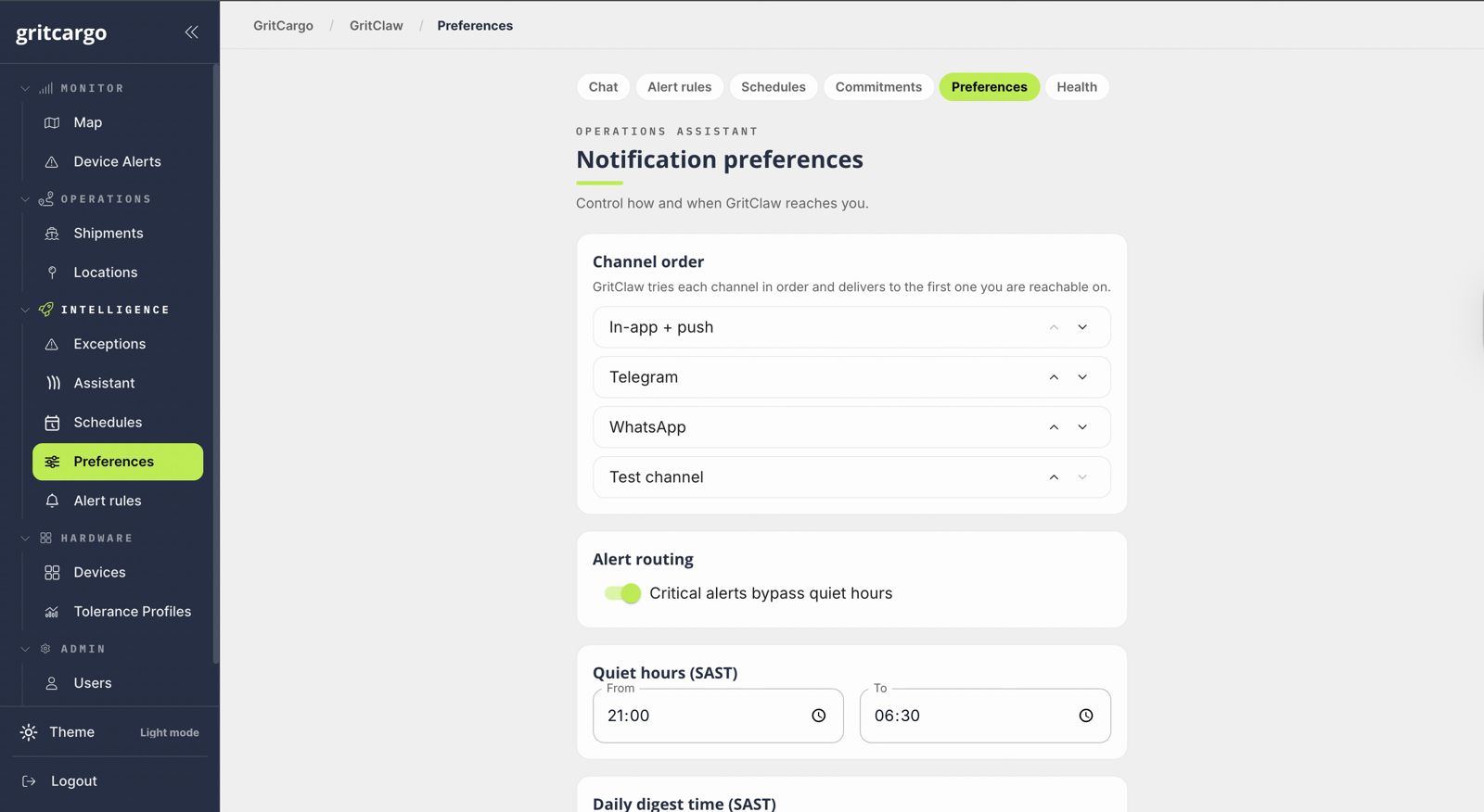 GritClaw notification channel order