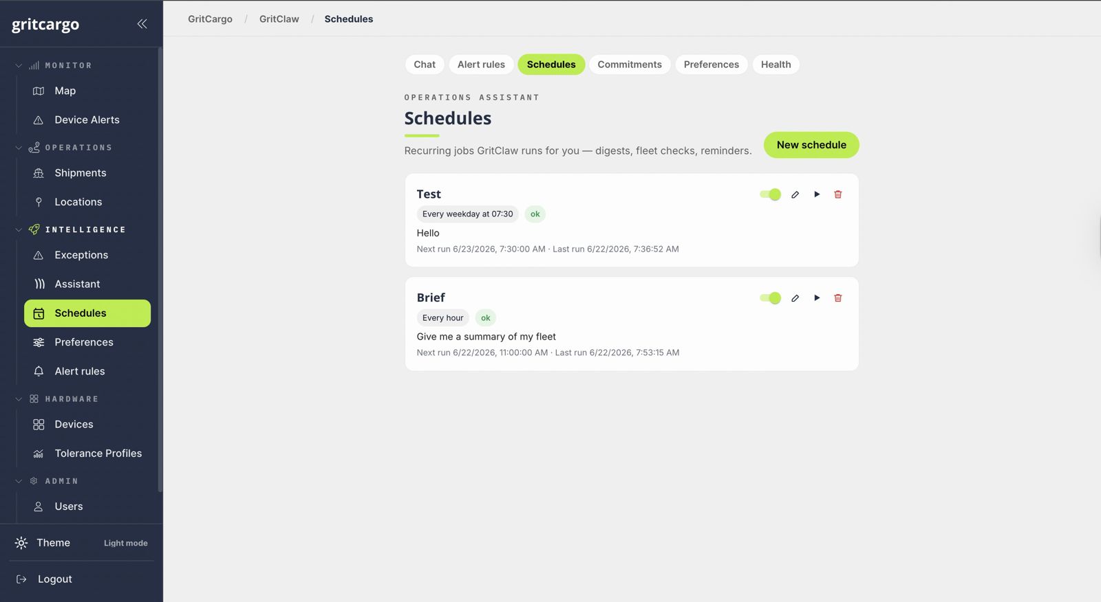 GritClaw recurring schedules